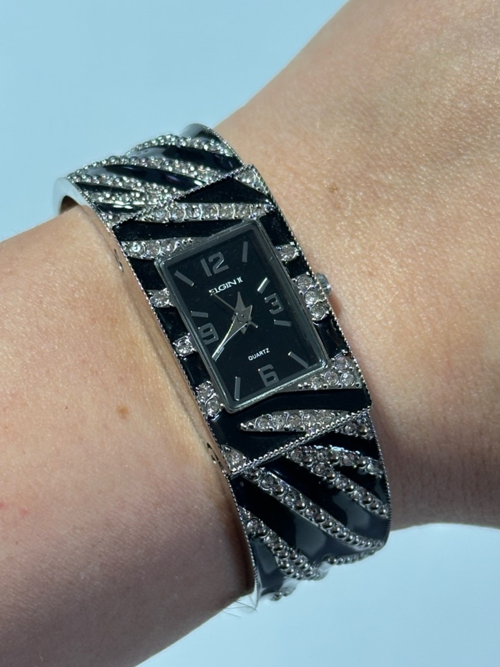 Elgin II Enamel Zebra Pattern Bracelet Cuff Watch Bling McBling Y2K Mob Wife